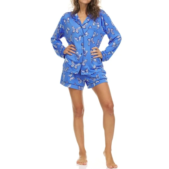 NWT Flora by Flora Nikrooz Womens Blue Butterfly Notch Collar PJ With Shorts - Picture 6 of 7